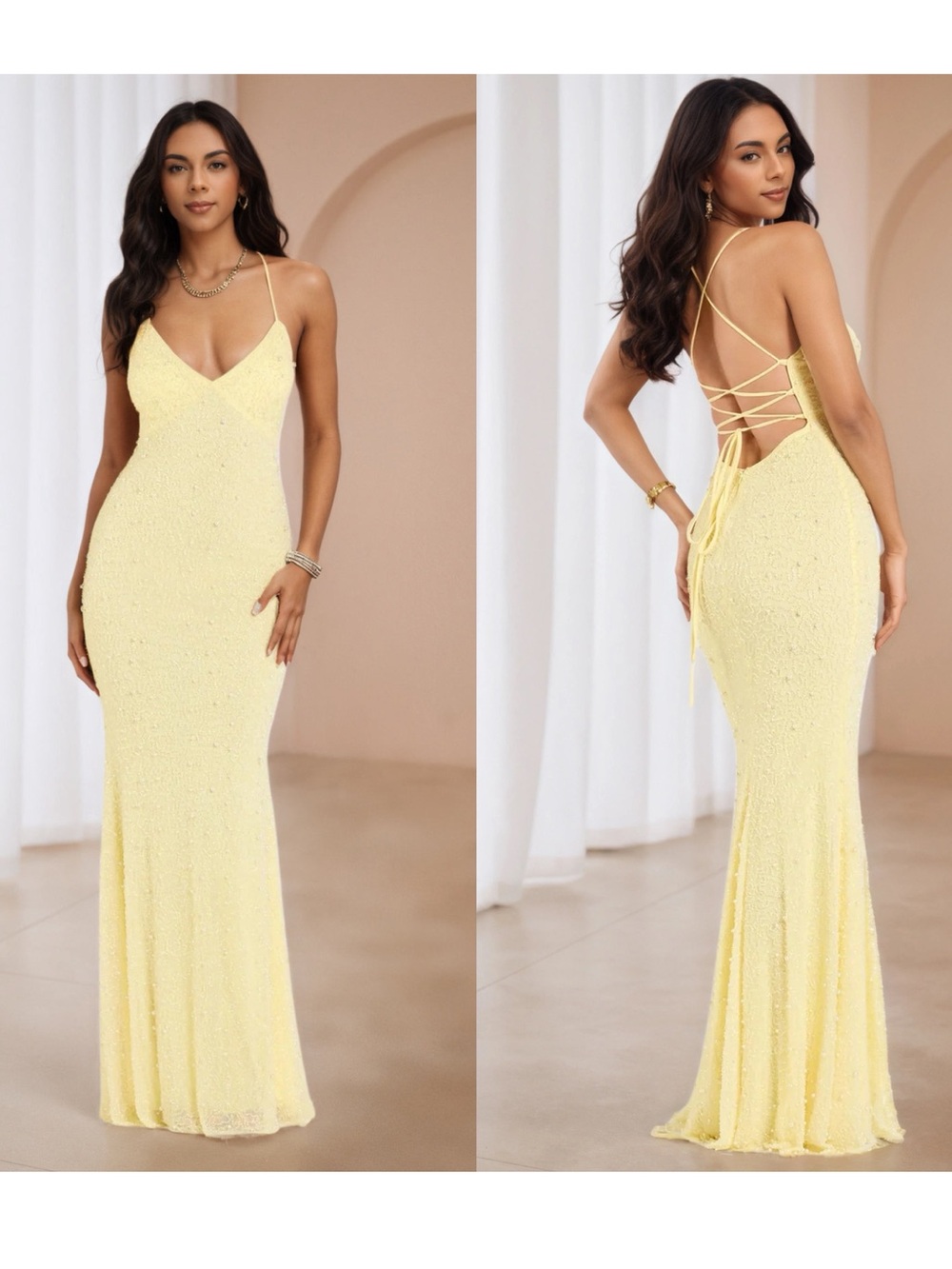 Cicinia V-Neck Daffodil Spaghetti Straps Prom Wedding Sequin Yellow Gown New